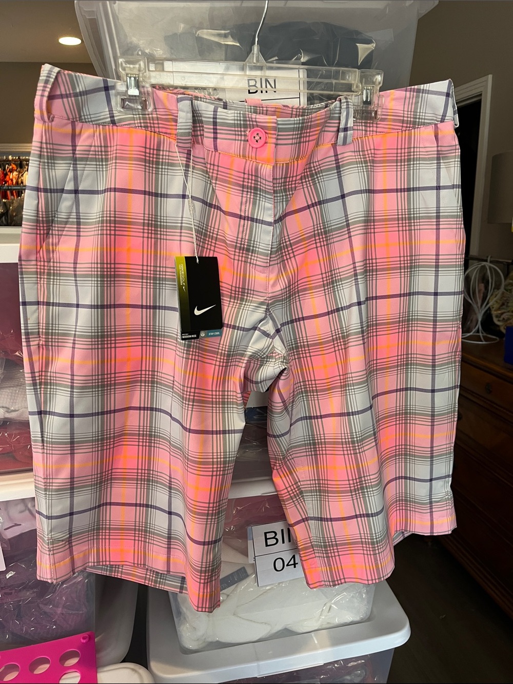 Nike Women’s Pink, White and Gray Plaid Flat-Front Shorts